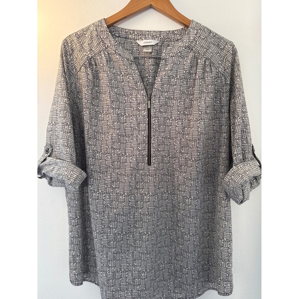 CJ Banks Womens Tunic 1X Black/White Geometric Roll Tab Top Careerwear Business